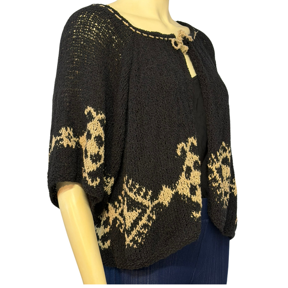 Amano One Size Folk Style Tie-Front Cardigan Black Open Knit Made in Bolivia New - Picture 3 of 10